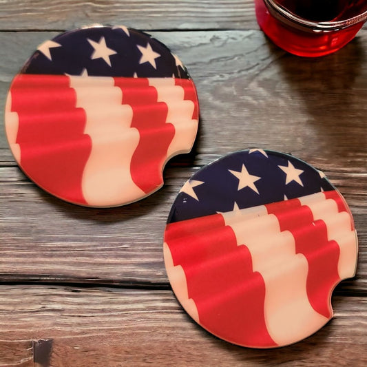 American Flag Car Coasters - Set of 2 Ceramic Coasters - 1