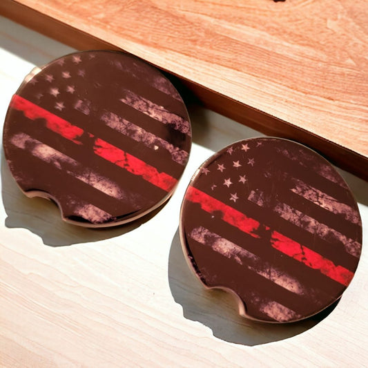 Thin Red Line Car Coasters - Set of 2 Ceramic Coasters - 1