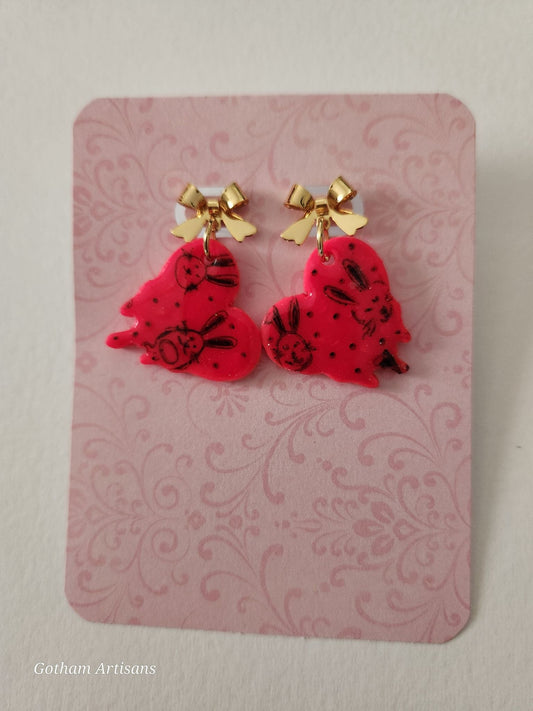 Hot Pink Stenciled Bunny Easter Earrings - 1