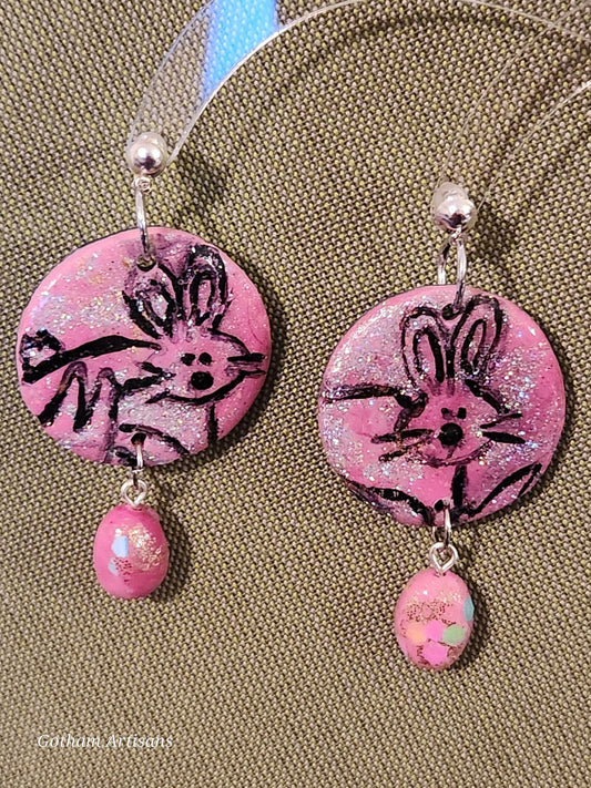 Easter Round Polymer lLay Rabbit Earrings with egg beads - 1