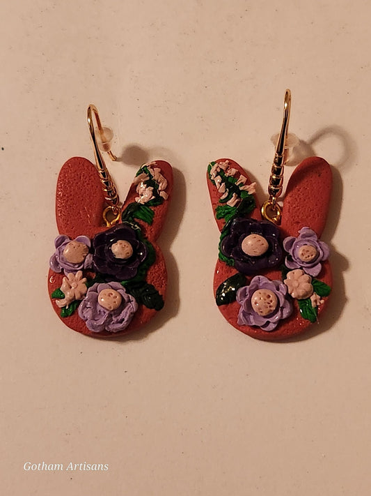 Flowered Polymer Clay Rabbit Earrings - 1