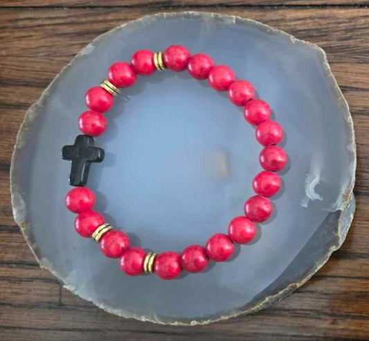 Red Dyed Howlite Bracelet with Cross - 1