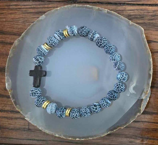 Blue Weathered Agate Bracelet with Cross - 1