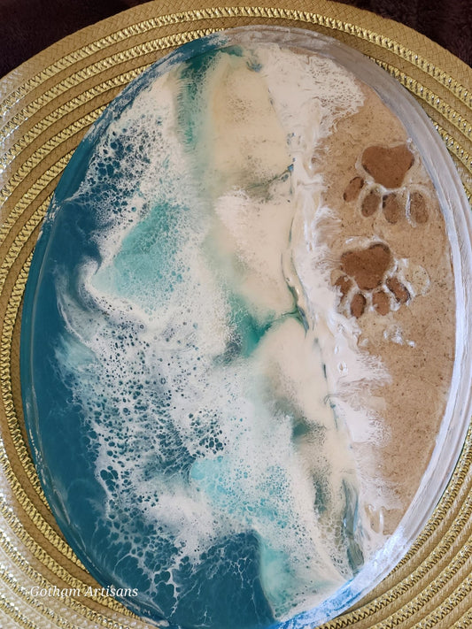 Resin Ocean Scene with Paw Prints in Sand on Wood Oval - 1