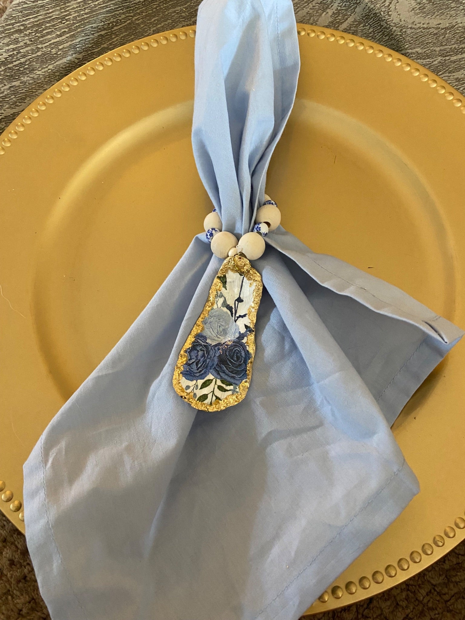 Blue Flower Oyster Shell Napkin Ring set of 4 - 1