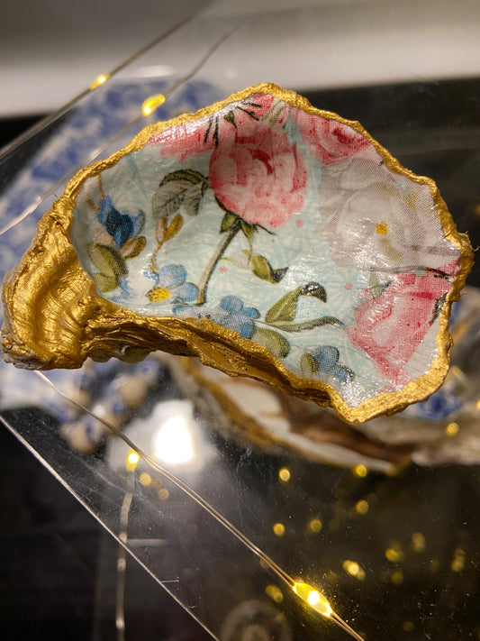 Pink & Blue Flower Oyster Shel Trinket Dish - 1