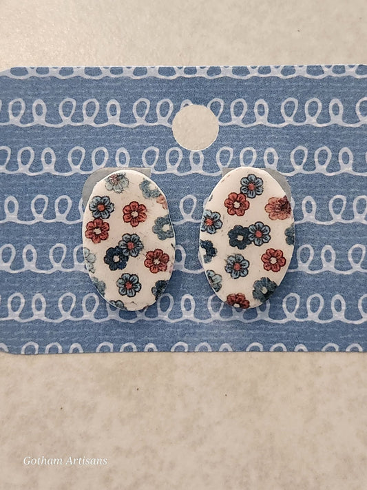 4th of July silk screen pattern floral polymer clay earrings - 1