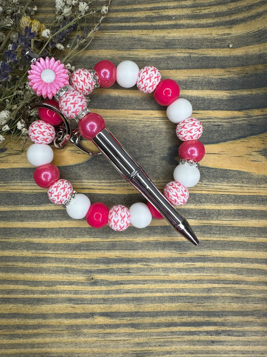 Pink ribbon wristlet keyring and pen set - 1