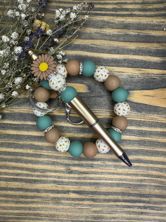 Mini sunflowers and sage wristlet keyring and pen set - 1