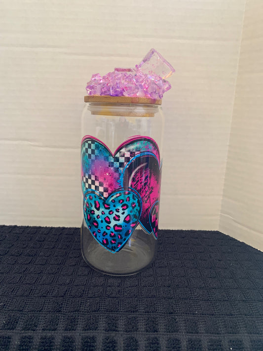 Bright Hearts Glass tumbler with Iced lid - 1