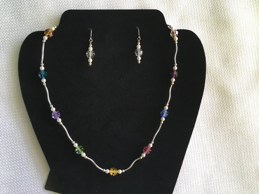 Sterling Silver and Multi-Colored Swarovski Crystal Necklace and Earring Set - 1