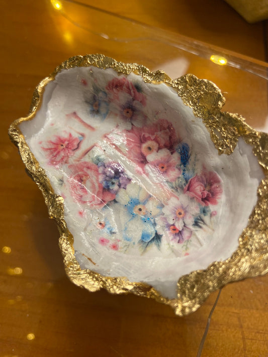 Cross (white w/pink) Faith-based Oyster Shell trinket dish - 1