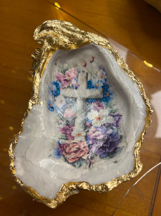 Cross (blue/purple) Faith-Based oyster shell trinket dish - 1