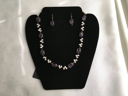 Amethyst, Fresh Water Pearls, Crystals and Stirling Silver Necklace and Earring Set - 1