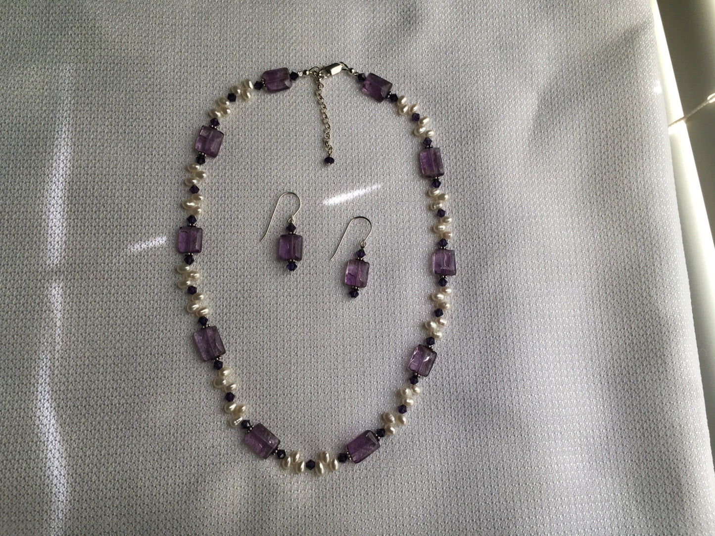 Amethyst, Fresh Water Pearls, Crystals and Stirling Silver Necklace and Earring Set - 2