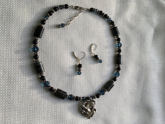 Sterling Silver Rearing Horse Head Pendent with Onyx and Blue Tigers Eye Necklace and Earring Set - 1