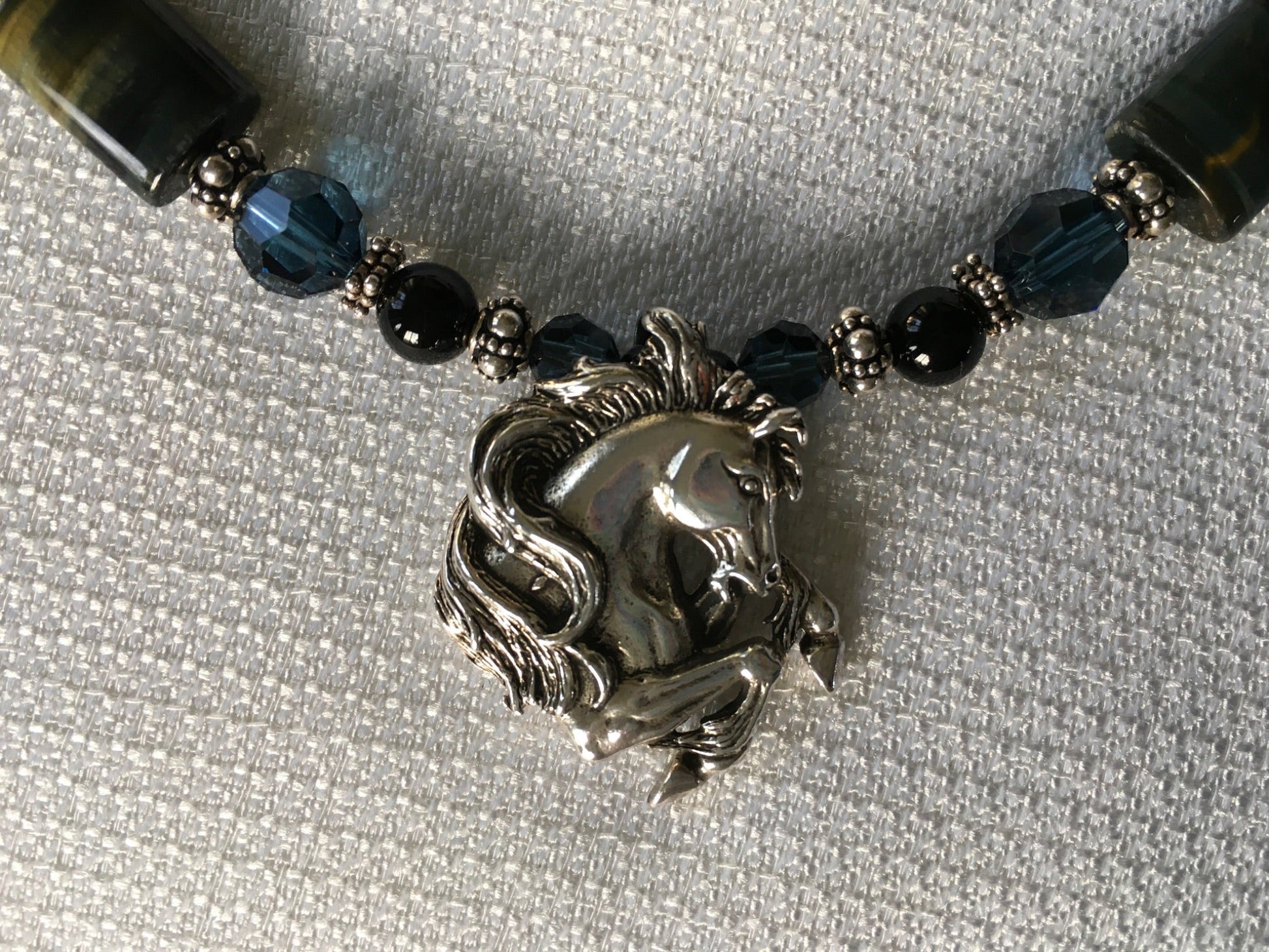 Sterling Silver Rearing Horse Head Pendent with Onyx and Blue Tigers Eye Necklace and Earring Set - 2
