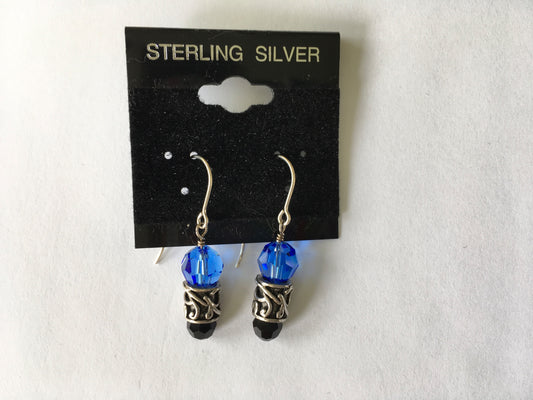 Blue and Black Swarovski Crystals with Sterling Silver Dangle Earrings  - 1