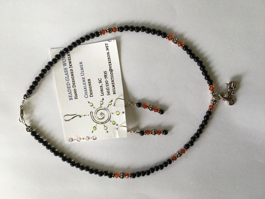 Black Onyx, Orange Swarovski Crystals and Sterling Silver Necklace and Earring Set - 1