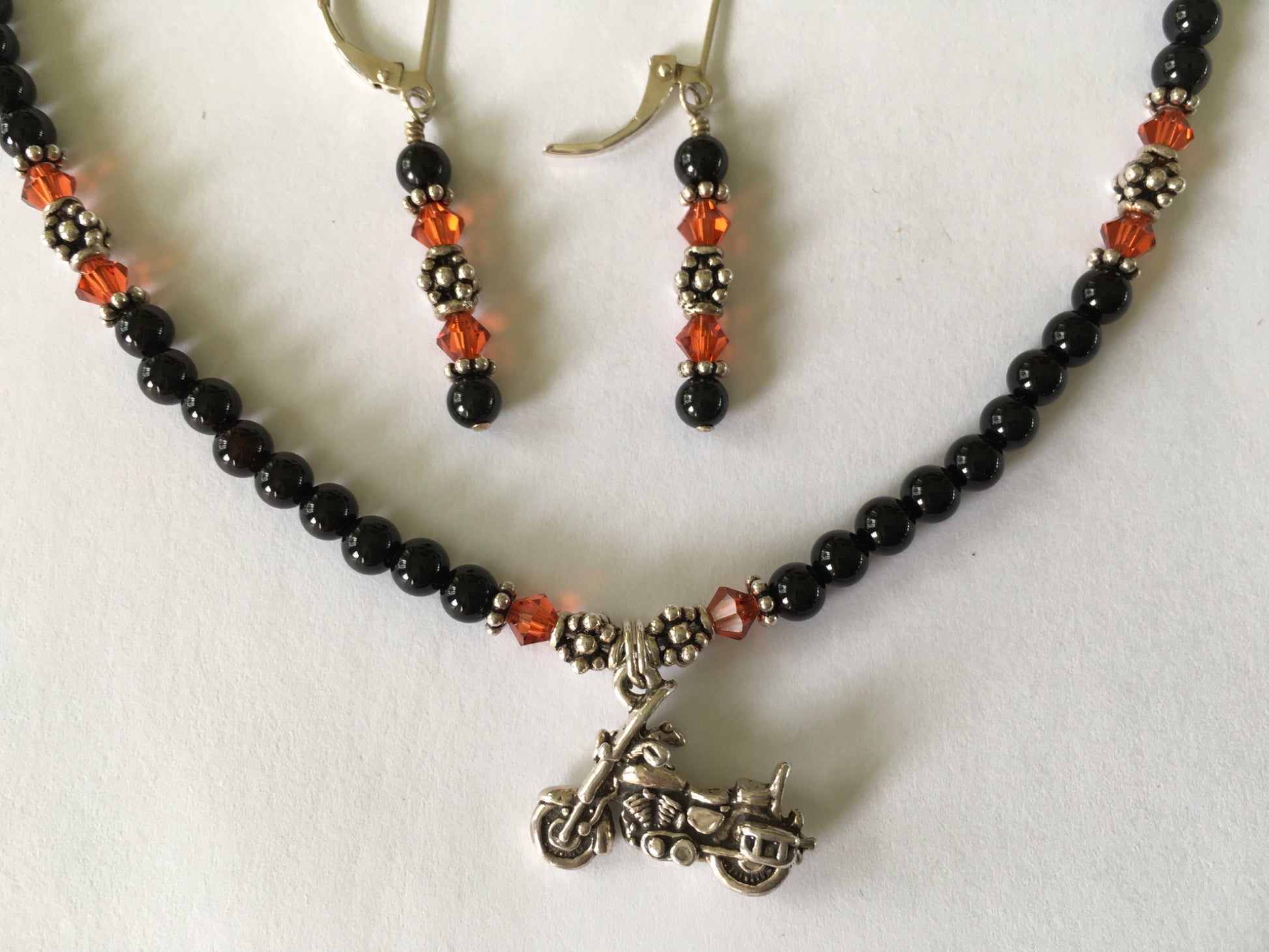 Black Onyx, Orange Swarovski Crystals and Sterling Silver Necklace and Earring Set - 2