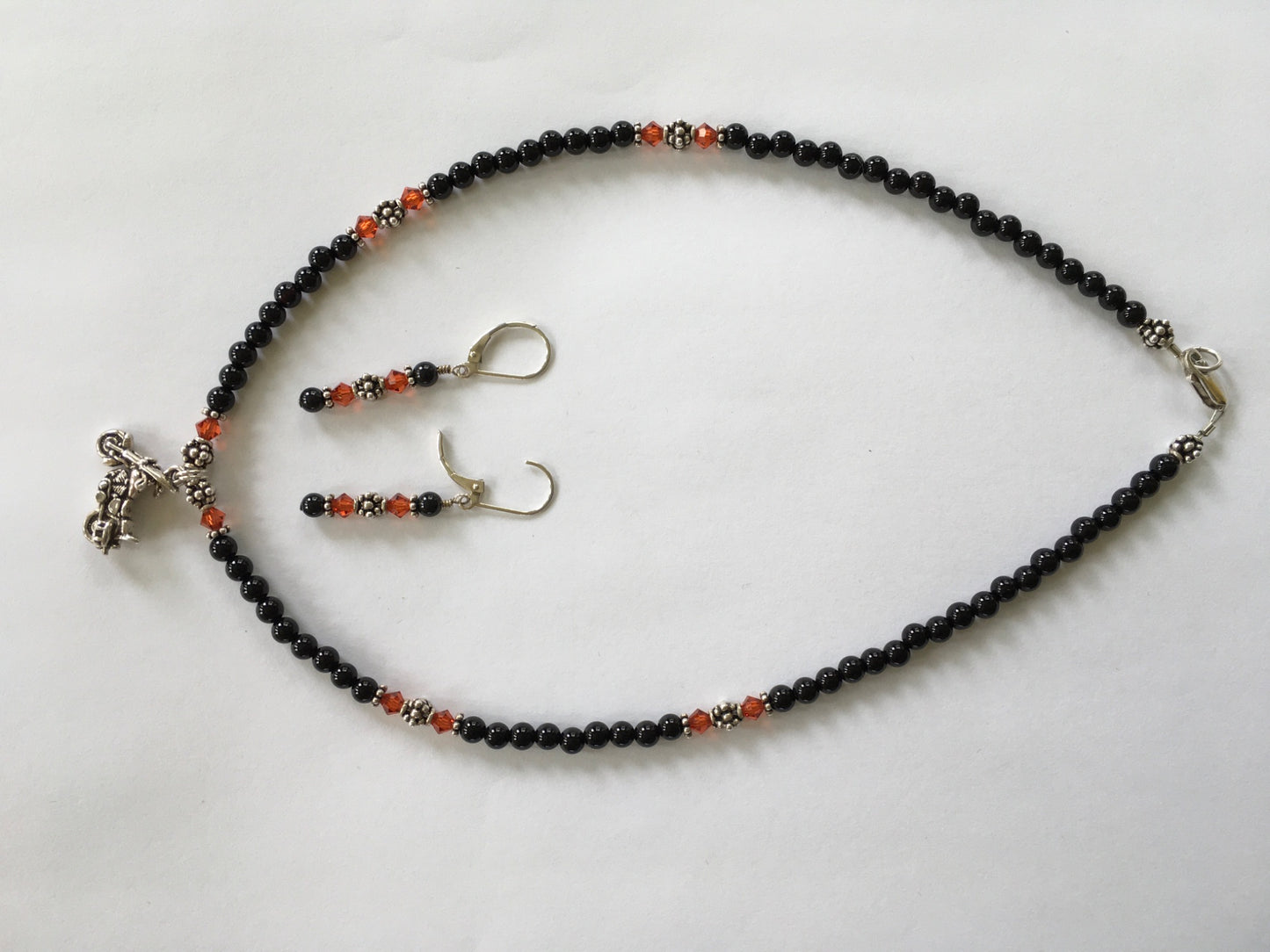 Black Onyx, Orange Swarovski Crystals and Sterling Silver Necklace and Earring Set - 3