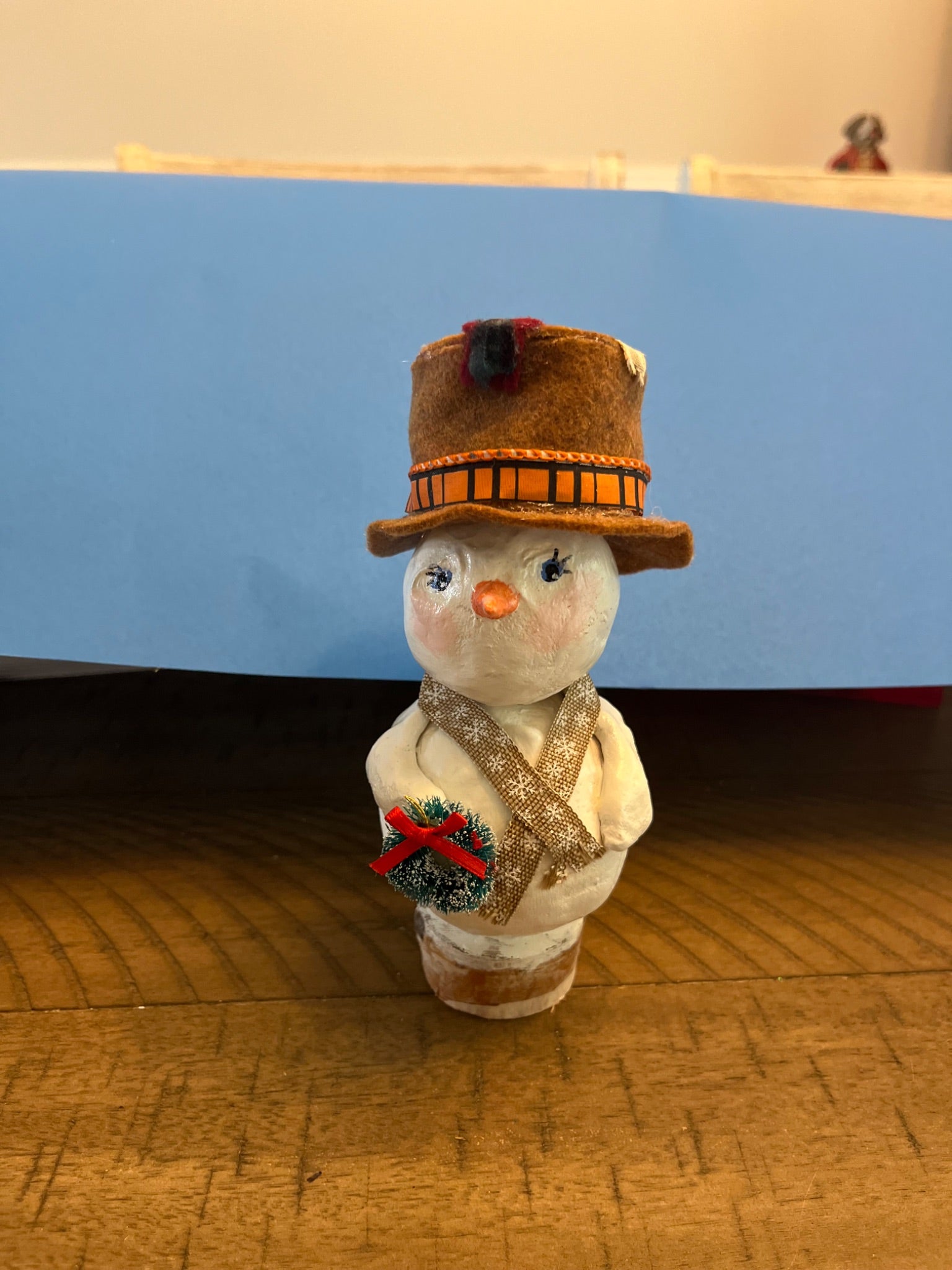 Hand sculpted  snowman with hat - 1