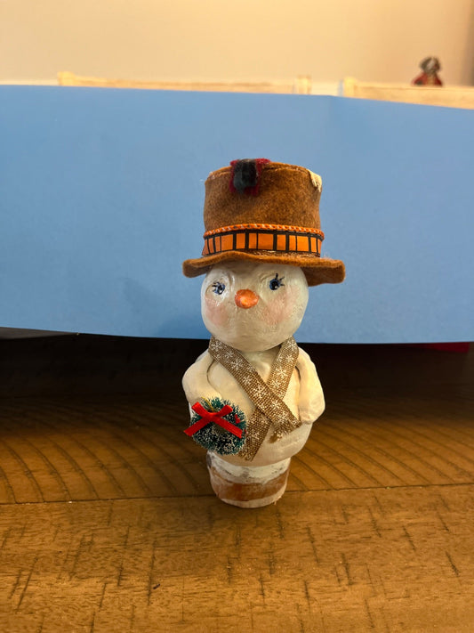 Hand sculpted  snowman with hat - 1