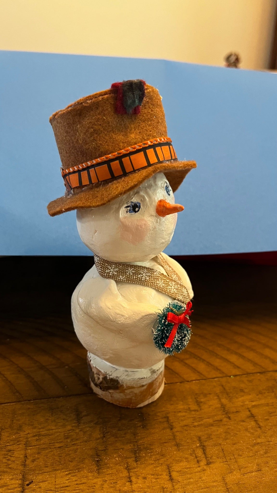 Hand sculpted  snowman with hat - 2