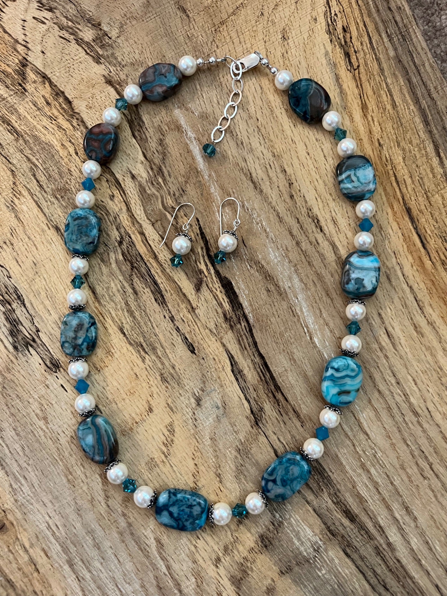 Blue Crazy Lace Agate with Pearls, Crystals and Sterling Silver Set - 1