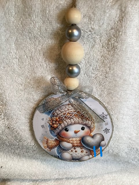 Ornament- Decoupaged Santa or Snowman on wood w bead hanger - 3