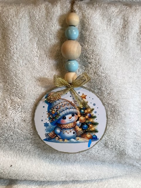 Ornament- Decoupaged Santa or Snowman on wood w bead hanger - 4