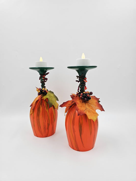 Hand painted wine glass pumpkin candle holders - 1