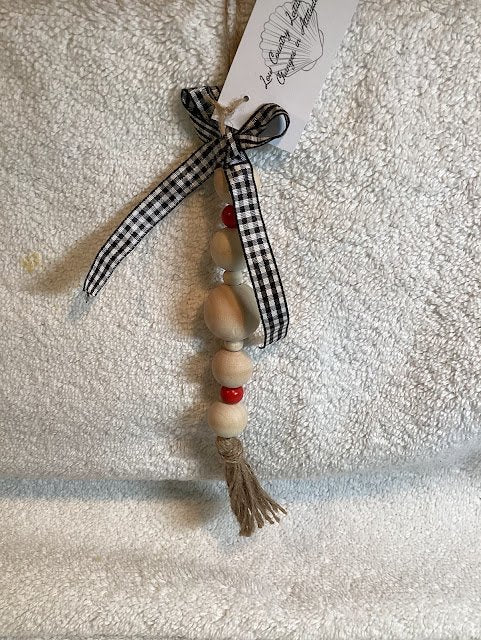 Ornament-Wood Bead w tassel farmhouse ribbon - 1