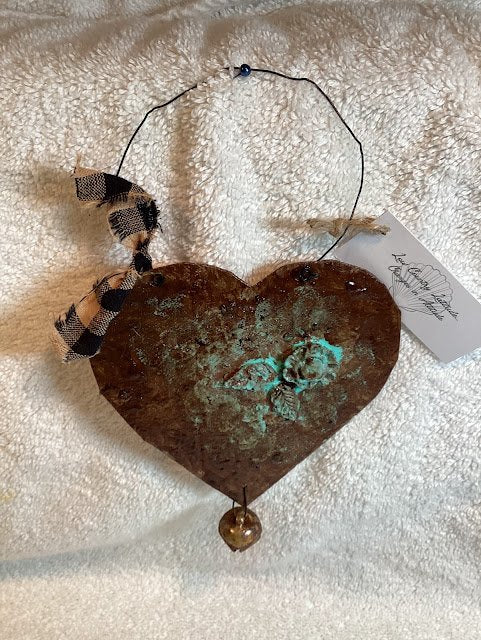 Ornament-Faux Rusty Heart with bell and rag strip bow - 1