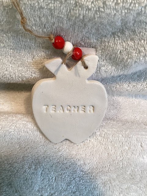 Clay Teacher Apple Ornament with Wood Bead Hanger - 1