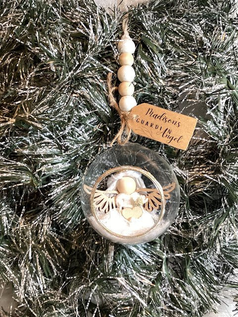 Ornament-Glass Ball With Bead Banger & Fiber Art doll with Wood Angel Wings-and Personalized Wood Tag - 1