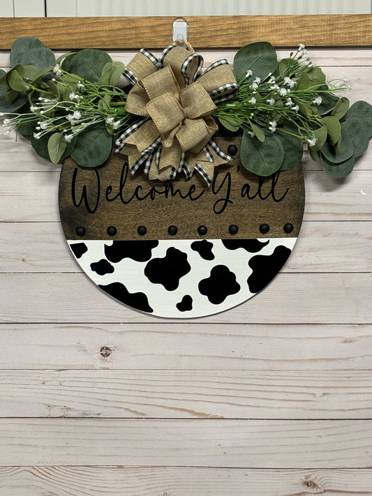 Welcome Y’all Cow Print Door Hanger - 1