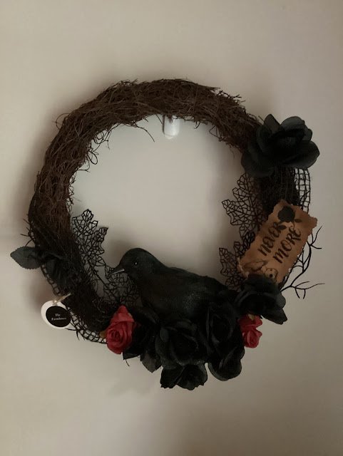 Wreath-Grapevine Black Crow  w black & red roses & never more hang tag - 1