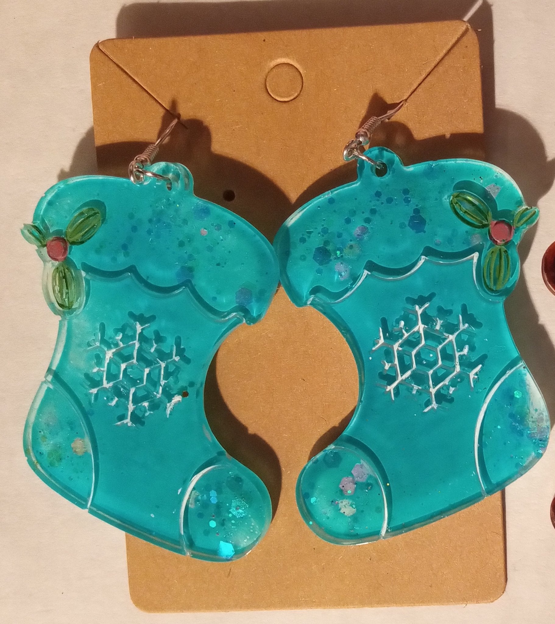 resin ice blue Christmas stocking earrings - 1