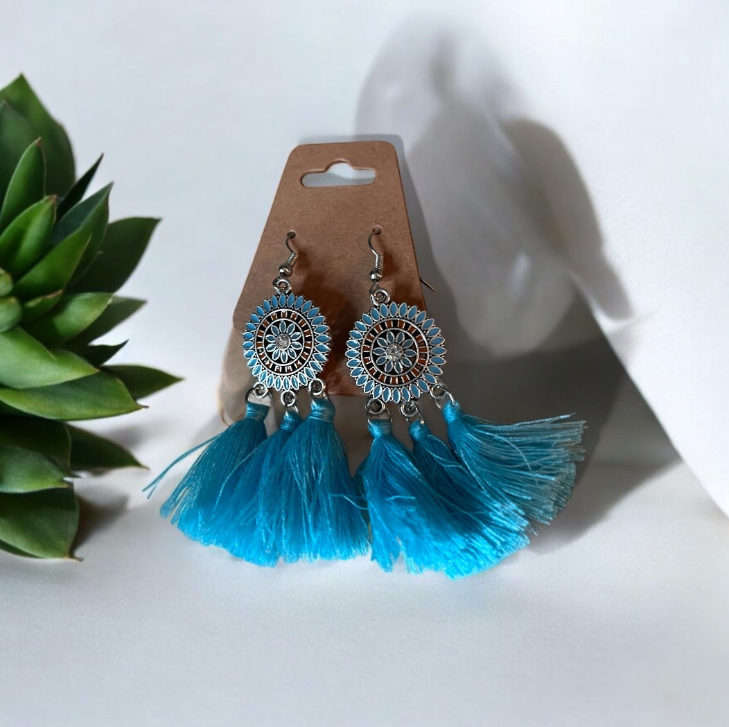 Boho Blue Tassel Earrings  - 1