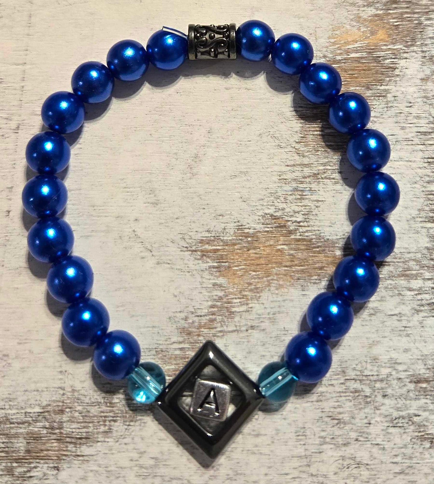 8mm Blue Glass Beads with "A" in Hematite Diamond bead - 2