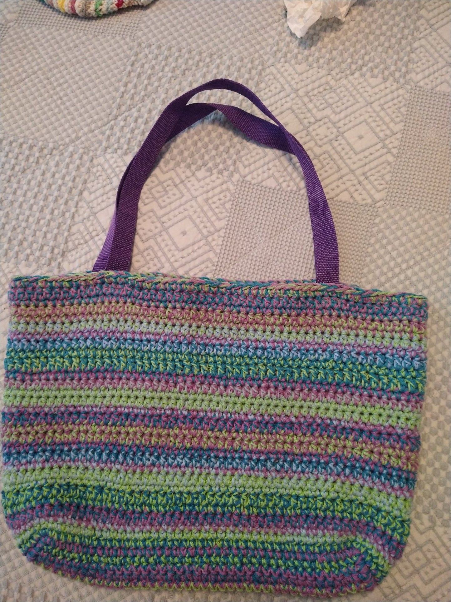 Tote bag crochet purple teal & green d - 1