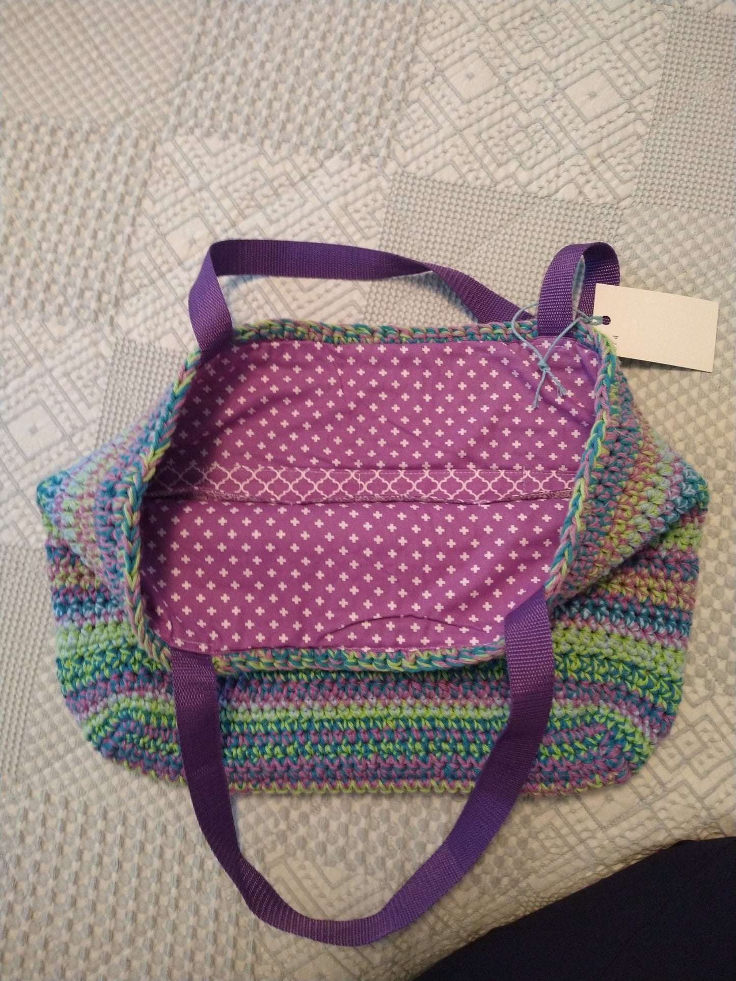 Tote bag crochet purple teal & green d - 2