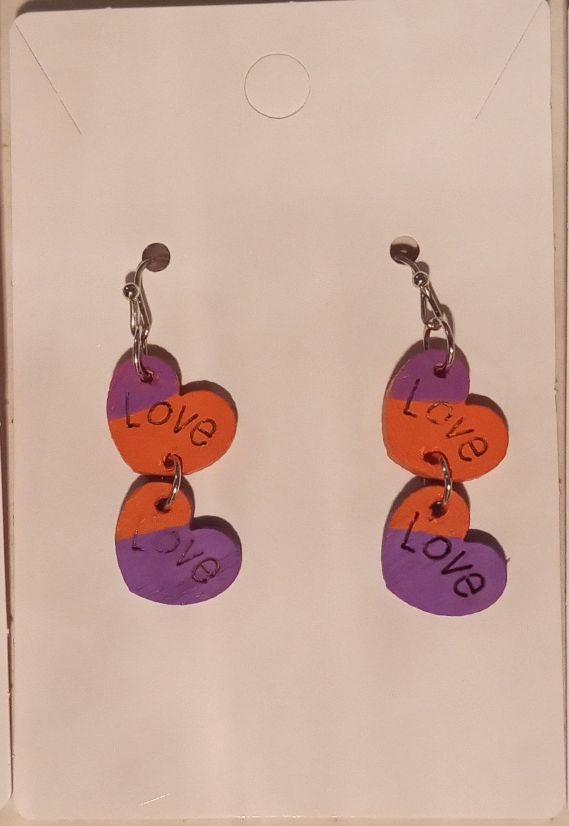 purple & orange stripe Wooden heart earrings - 1