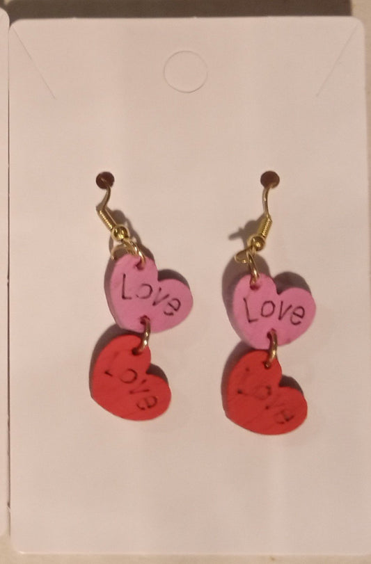 pink & red Wooden hearts earrings - 1