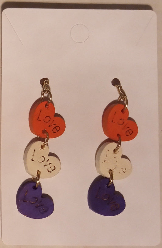 orange, white, purple Wooden hearts earrings - 1