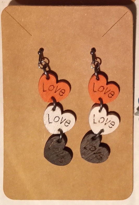 orange, white, black Wooden hearts earrings - 1