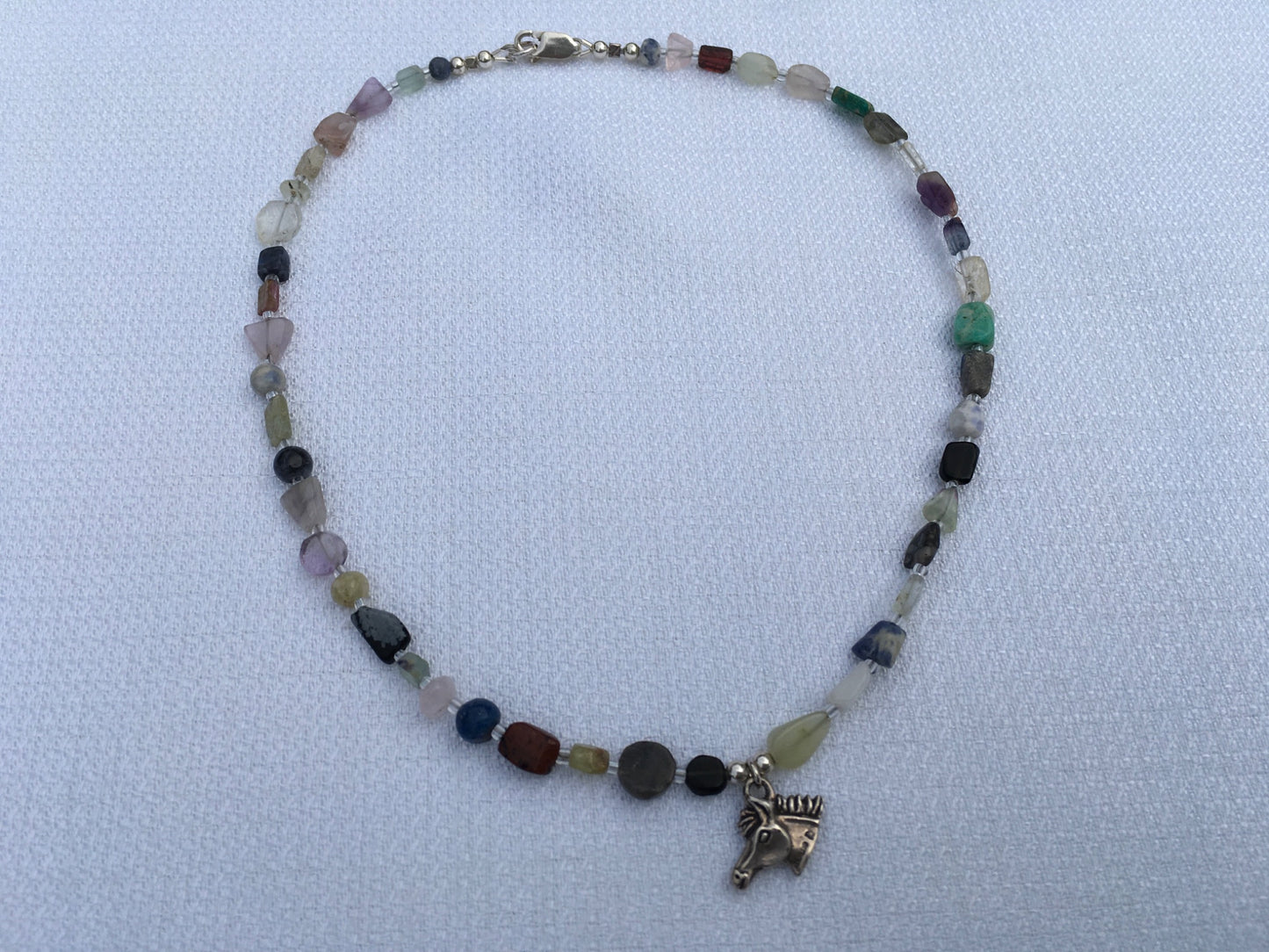 Mix of semi precious stones with Sterling silver horse head charm necklace  - 1