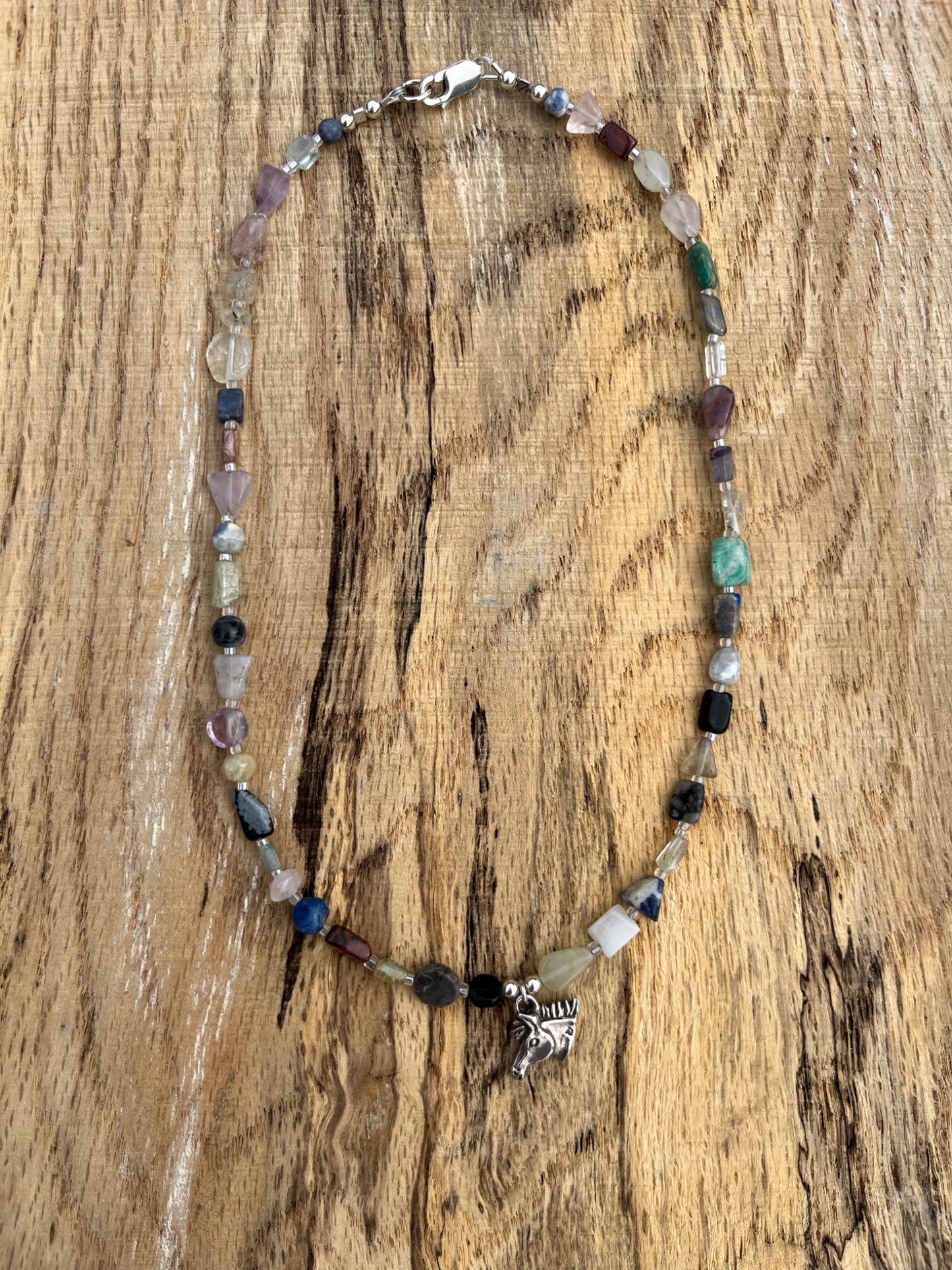 Mix of semi precious stones with Sterling silver horse head charm necklace  - 3