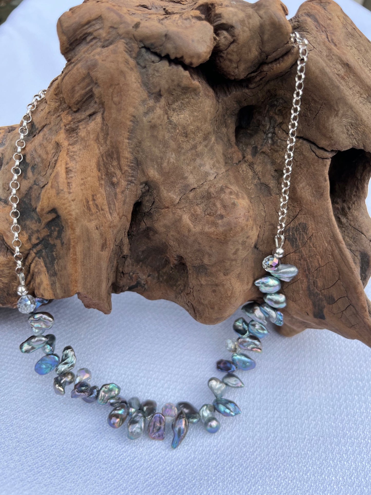 Gray Iridescent, freshwater pearls, Crystals and sterling silver chain necklace. - 1